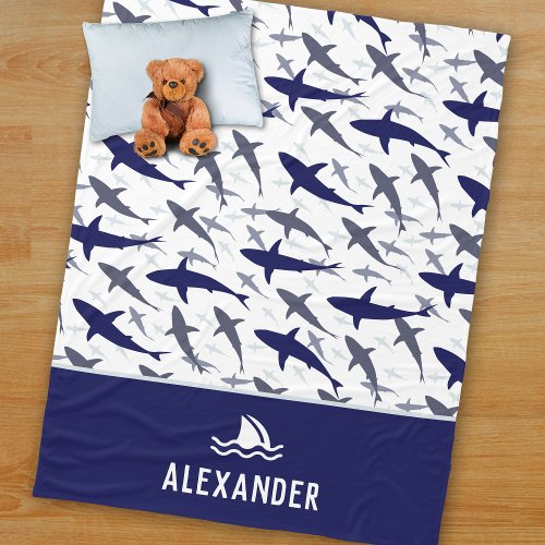 Blue and White Shark Pattern with Name Boy Fleece Blanket