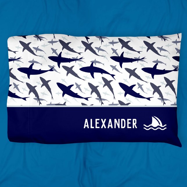 Blue and White Shark Pattern with Name Boy Pillow Case (Creator Uploaded)
