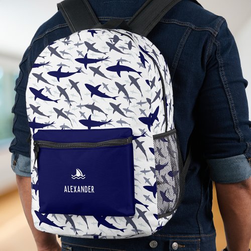 Blue and White Shark Pattern with Name Boy Printed Backpack