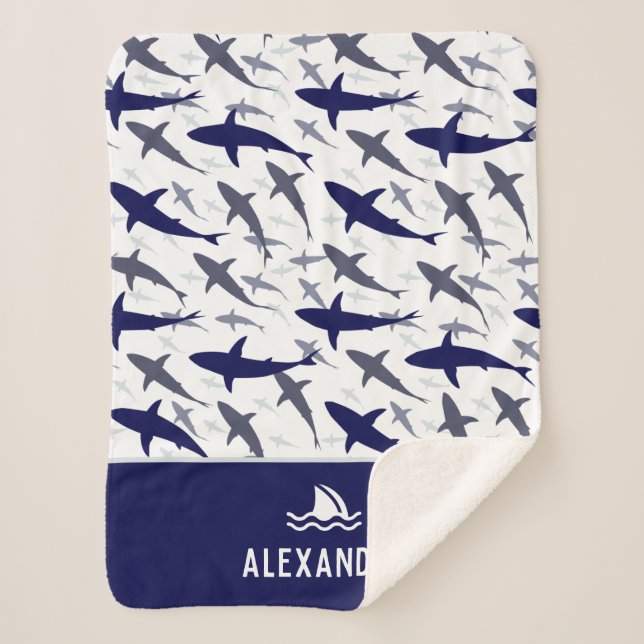Blue and White Shark Pattern with Name Boy Sherpa Blanket (Front)