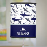 Blue And White Shark Pattern With Name Boy Table Lamp at Zazzle