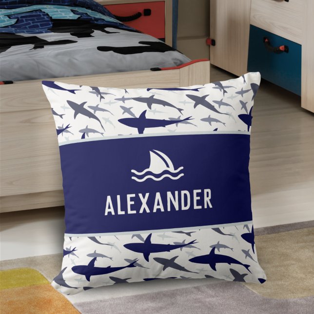 Blue and White Shark Pattern with Name Boy Throw Pillow (Creator Uploaded)