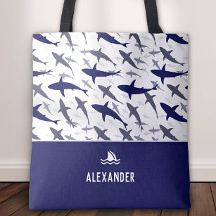 Blue and White Shark Pattern with Name Boy Tote Bag
