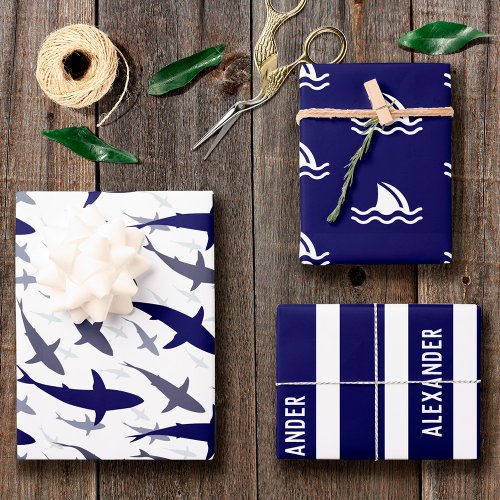 Blue and White Shark Pattern with Name Boy Wrapping Paper Sheets