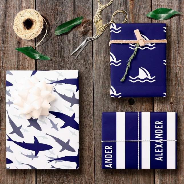 Blue and White Shark Pattern with Name Boy Wrapping Paper Sheets (Creator Uploaded)