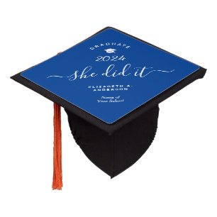 Blue and White She Did It Script 2024 Graduate Graduation Cap Topper