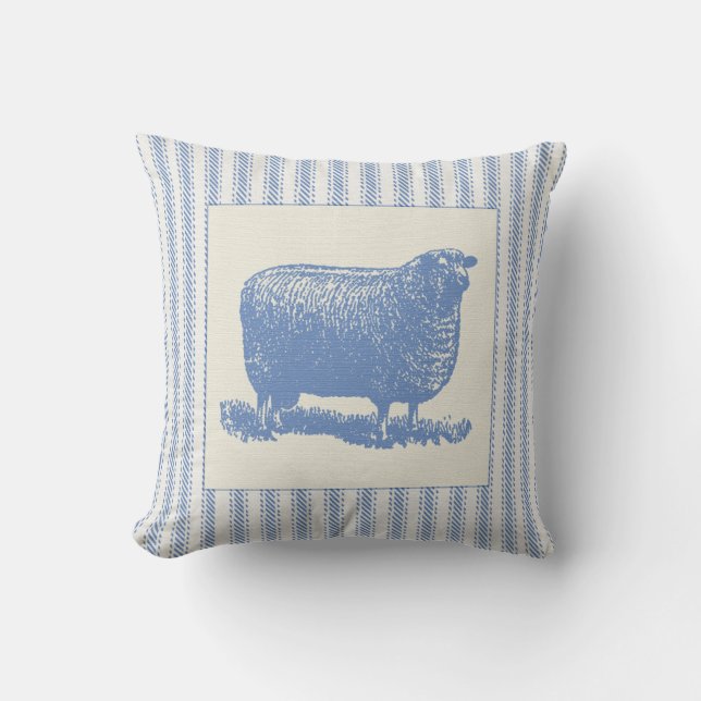 Blue and White Sheep with Ticking Throw Pillow (Front)