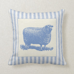 Blue and White Sheep with Ticking Throw Pillow