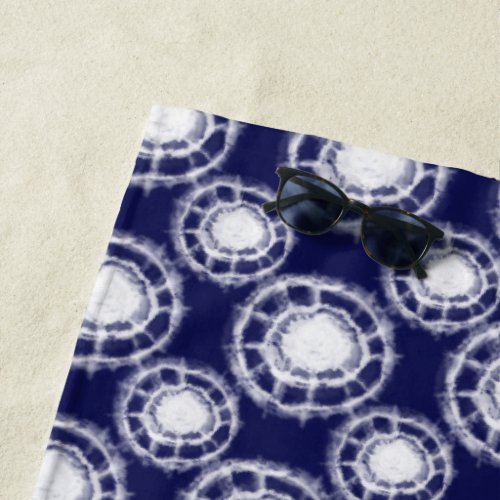 Blue and White Shibori Circles Pattern  Beach Towel