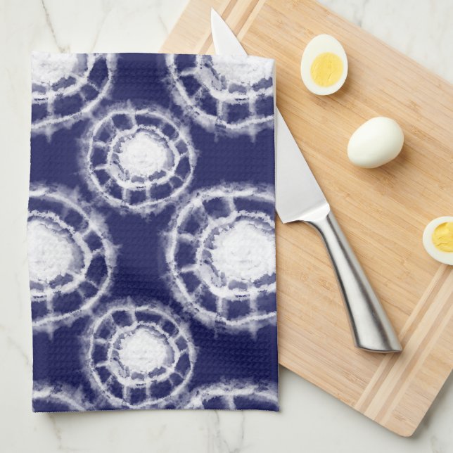 Blue and White Shibori Circles Pattern  Kitchen Towel (Quarter Fold)