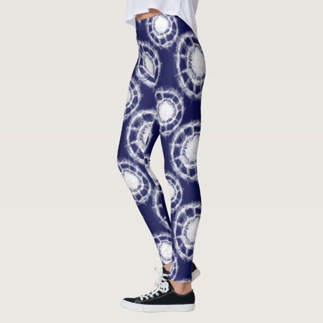 Blue and White Shibori Circles Pattern  Leggings (Left)