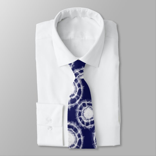 Blue and White Shibori Circles Pattern  Neck Tie (Tied)