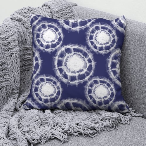 Blue and White Shibori Circles Pattern  Throw Pillow