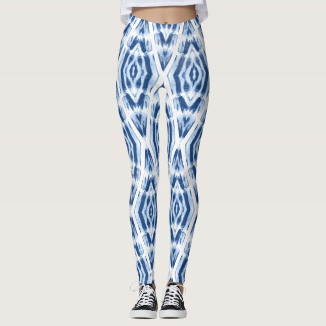 Blue and White Shibori Tie Dye Abstract Pattern Leggings (Front)