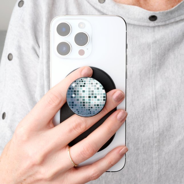 Blue and white shiny disco ball PopSocket (Hand)