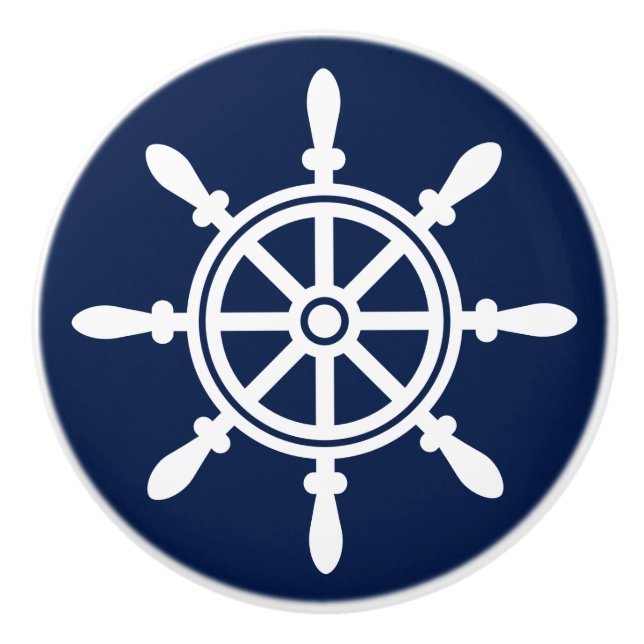 Blue and White, Ship's Wheel, Nautical Ceramic Knob (Front)