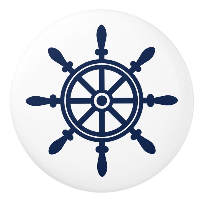 Blue and White, Ship's Wheel, Nautical Ceramic Knob (Front)