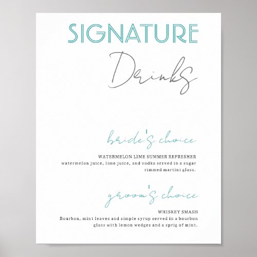 Blue and White Signature Drinks Wedding Bar Poster
