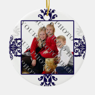 Blue and White Silver Damask Photo Ceramic Ornament