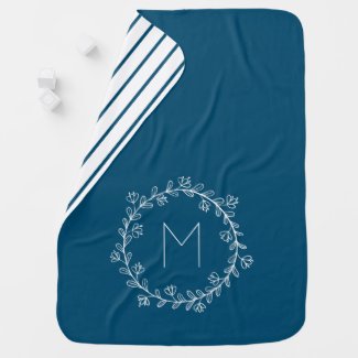 Blue and White Simple Floral Wreath Monogram Baby Blanket