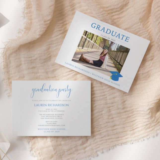Blue and White Simple Photo Graduation Party Invitation (Creator Uploaded)