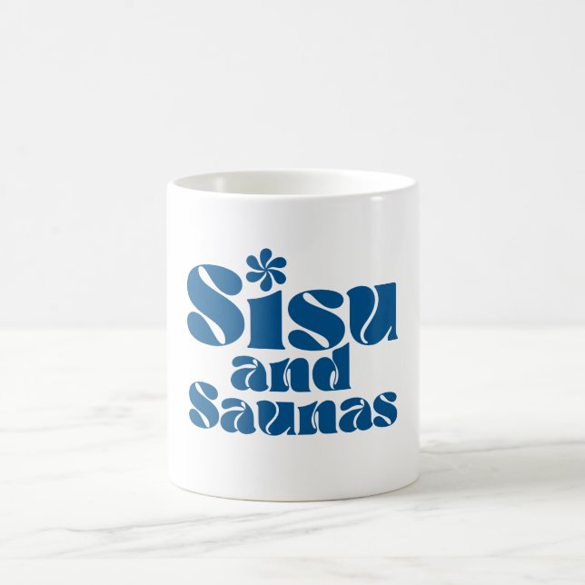 Blue and white Sisu and Saunas Finnish Coffee Mug (Center)