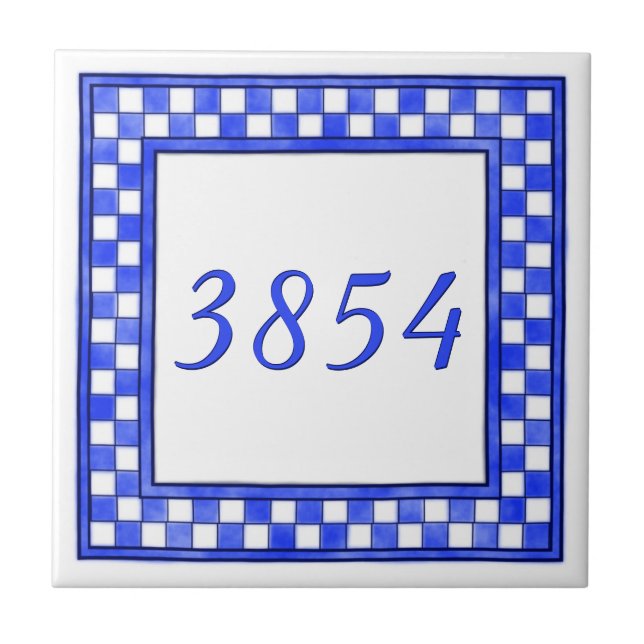 Blue and White Small House Number Ceramic Tile (Front)