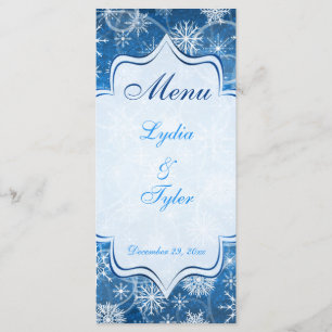 Blue and White Snow Flakes Wedding Menu Card