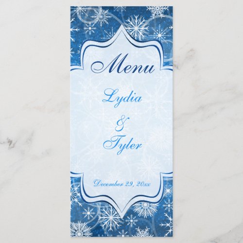 Blue and White Snow Flakes Wedding Menu Card