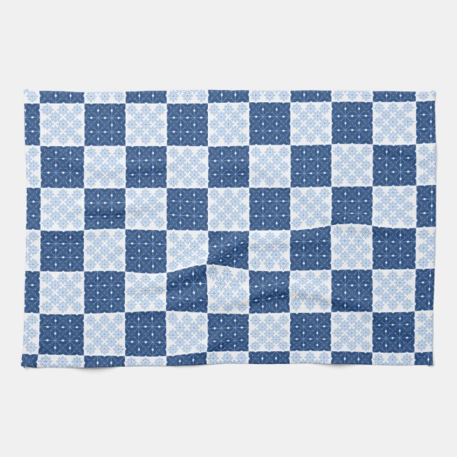 Blue and White Snowflake Checkerboard Towel (Horizontal)