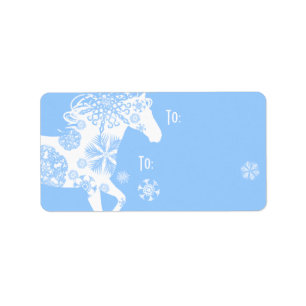 Blue and White Snowflake Christmas Horse Label