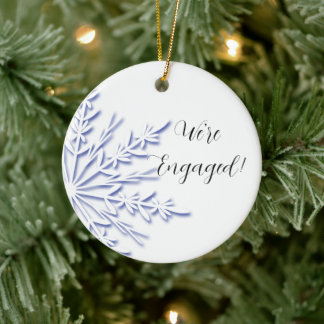 Blue and White Snowflake Engagement Ceramic Ornament