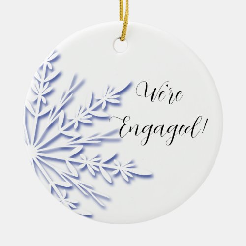 Blue and White Snowflake Engagement Ceramic Ornament