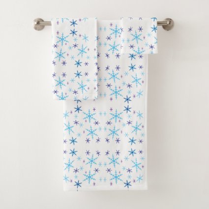 Blue and White Snowflake Pattern Bath Towels