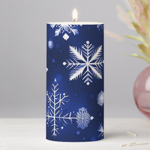 Blue And White Snowflake Pattern Pillar Candle