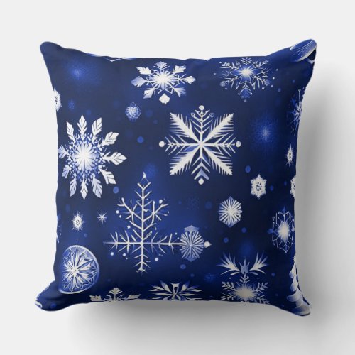 Blue And White Snowflake Pattern Throw Pillow