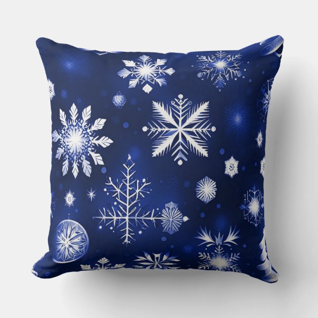 Blue And White Snowflake Pattern Throw Pillow (Front)