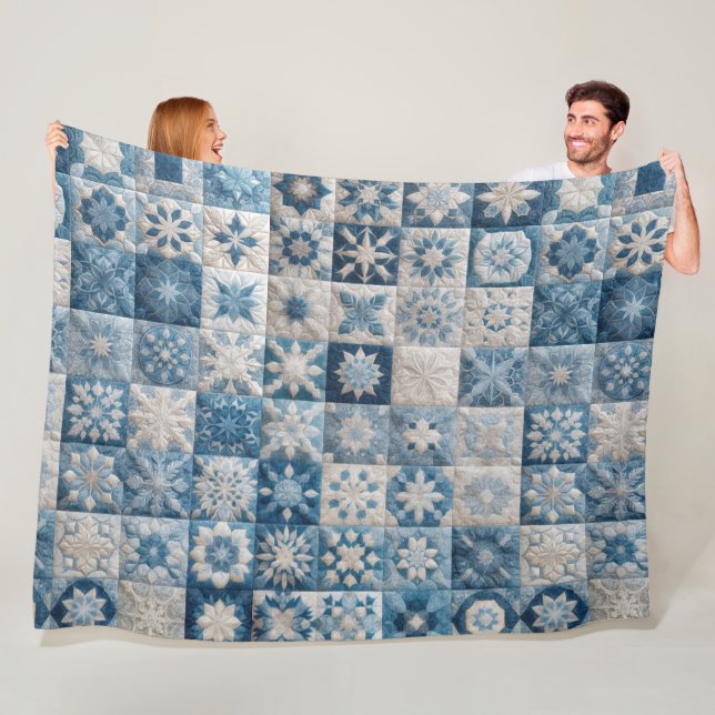 Blue and White Snowflake Quilt Fleece Blanket (In Situ)