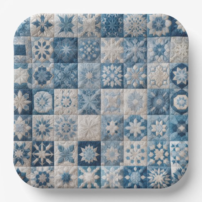Blue and White Snowflake Quilt Paper Plates (Front)