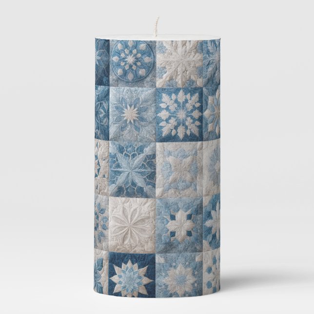 Blue and White Snowflake Quilt Pillar Candle (Front)