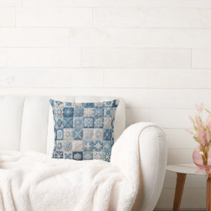 Blue and White Snowflake Quilt Throw Pillow