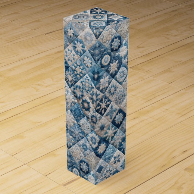 Blue and White Snowflake Quilt Wine Box (Front)