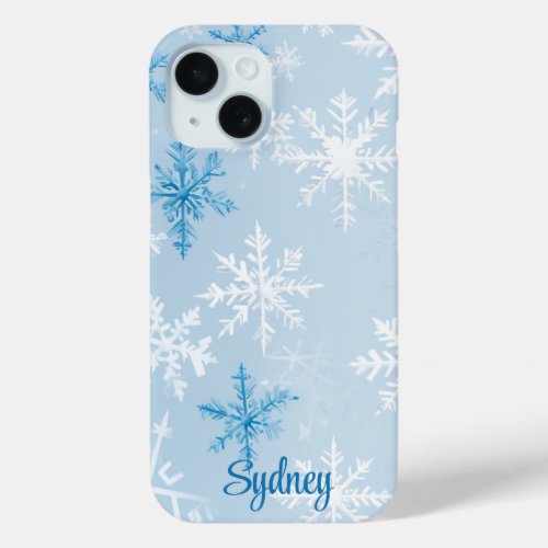 Blue and White Snowflake Winter Christmas Holiday iPhone 15 Case