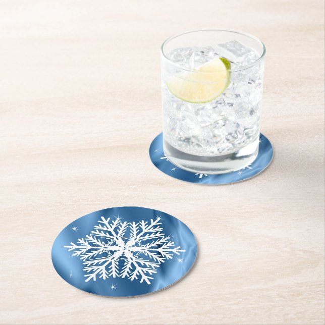 Blue and White Snowflake Winter Holidays Christmas Round Paper Coaster (Insitu)