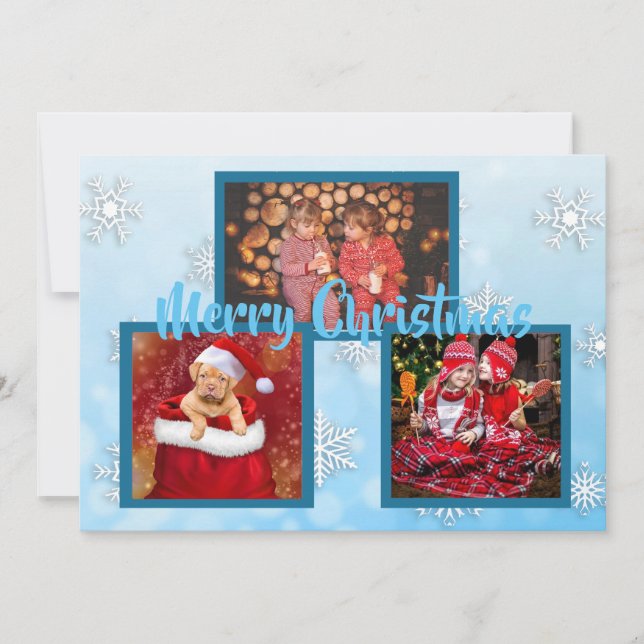 Blue and White Snowflakes Family Photos Christmas Invitation (Front)