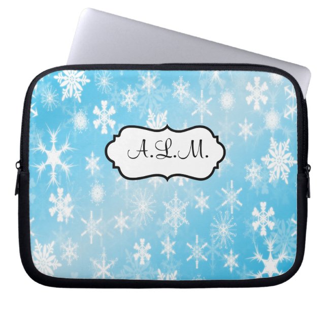 Blue and White Snowflakes Laptop Sleeve (Front)
