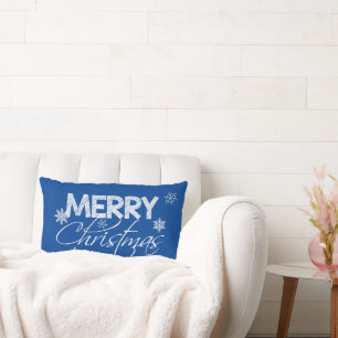 Blue and White Snowflakes Merry Christmas Lumbar Pillow