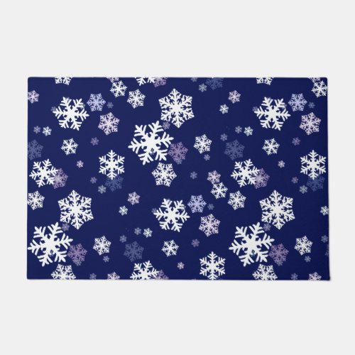 Blue and White Snowflakes On Dark Blue Ground Doormat