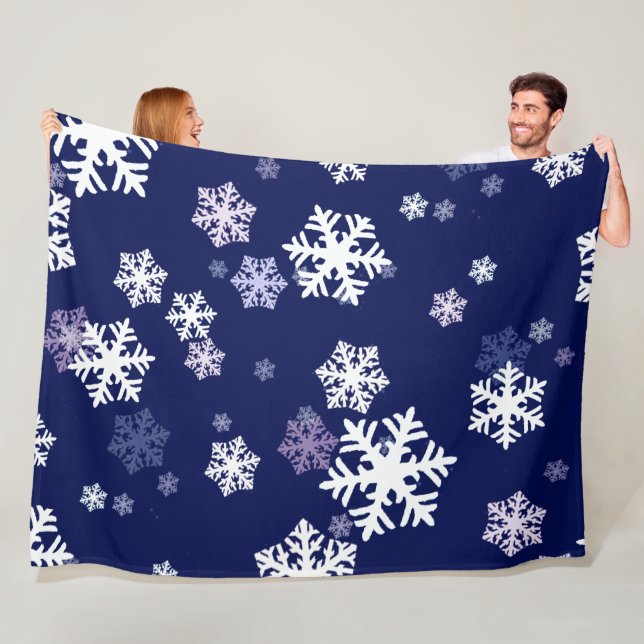 Blue and White Snowflakes On Dark Blue Ground Fleece Blanket (In Situ)