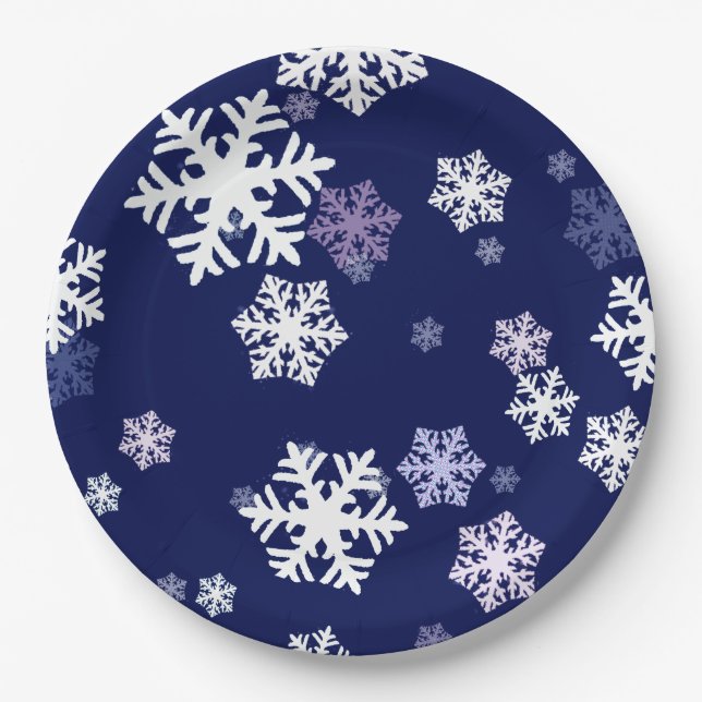 Blue and White Snowflakes On Dark Blue Ground Paper Plates (Front)